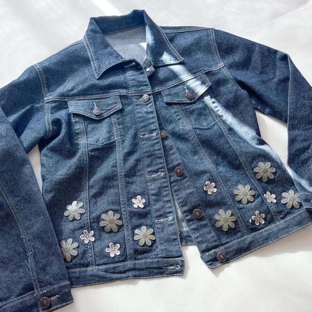 y2k boho jean floral‎ patch jacket womens medium
